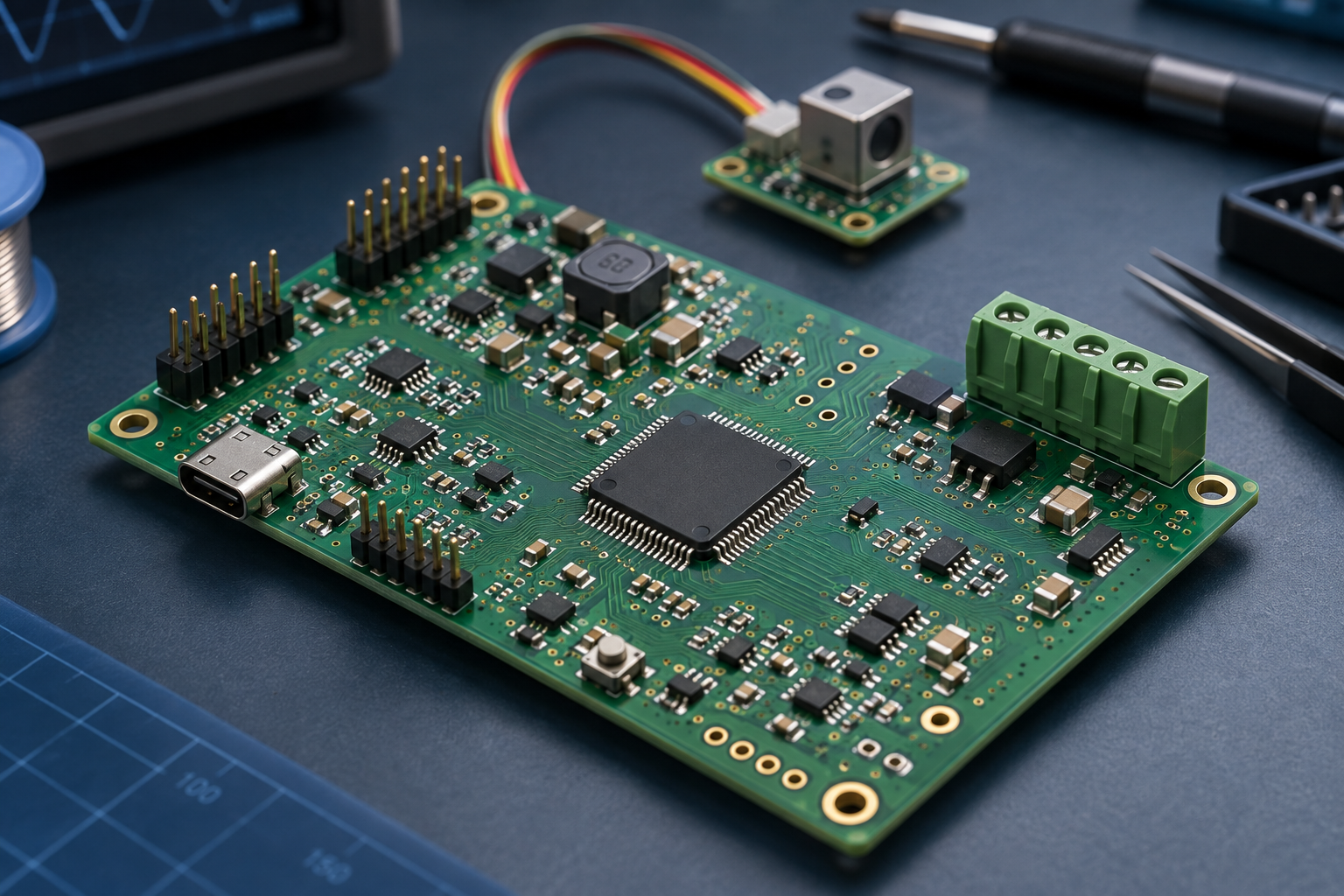 PCB con microcontrolador, componentes SMD y módulo de sensores; render representativo del servicio