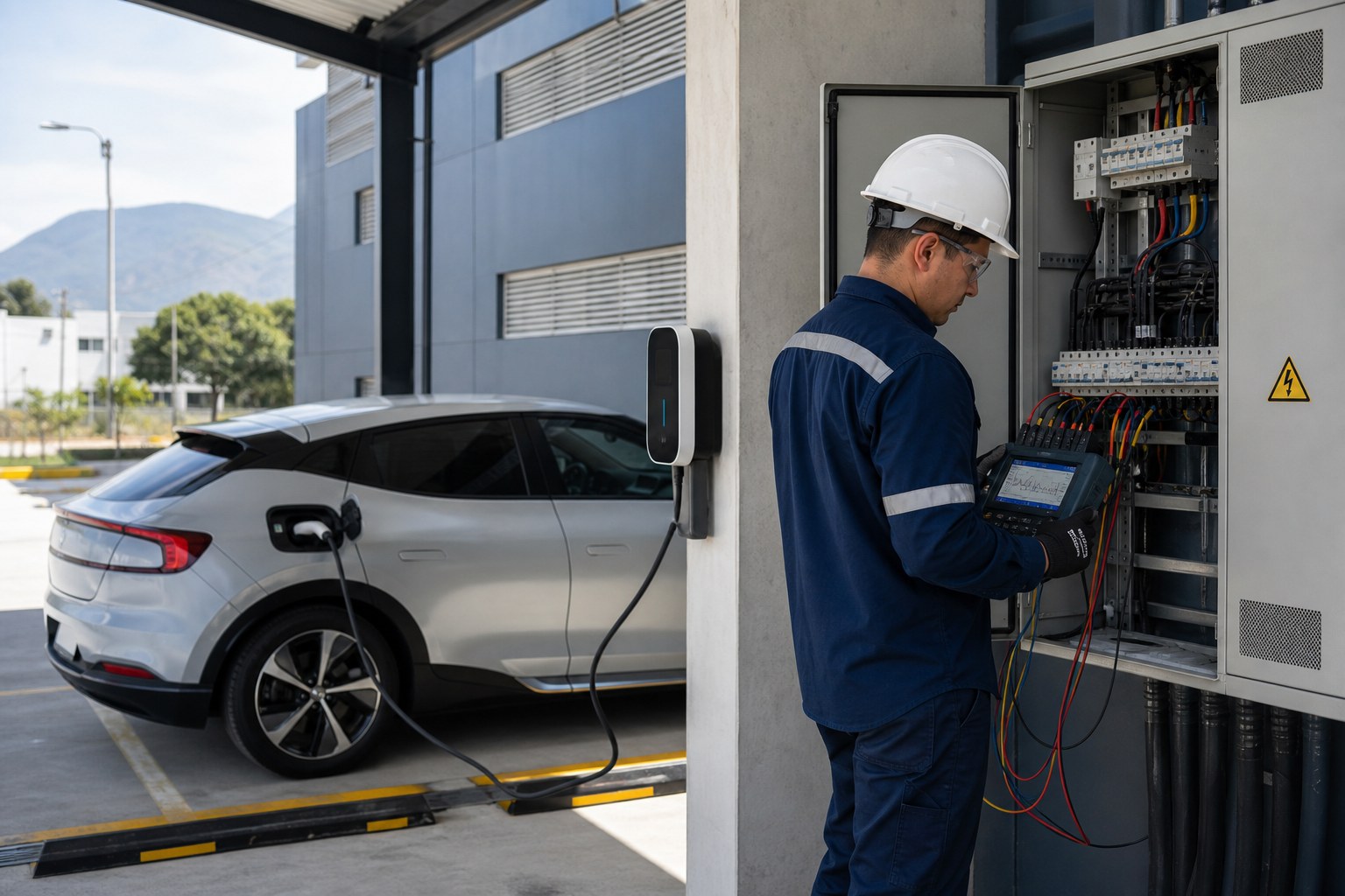 Ingeniero midiendo calidad de energía junto a un cargador de vehículo eléctrico